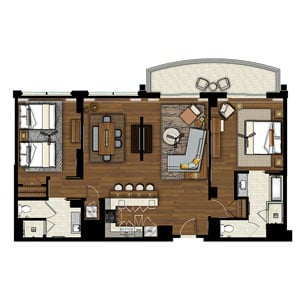 Two-Bedroom Floor Plan at Grand Waikikian Resort in Honolulu, Hawaii