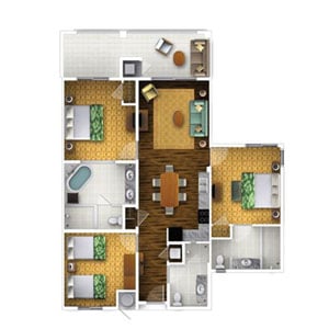 3-Bedroom Floor Plan at Kings' Land Resort in Waikoloa, Hawaii